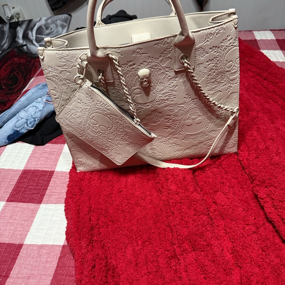 Betsey Johnson Cream Skull Embossed Tote